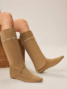 Styleloop Modische Retro-Kniehohe Stiefel mit verstecktem Keilabsatz für Damen - Aprikosenfarben - Übersicht 6