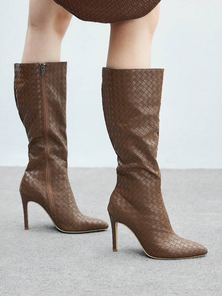 CUCCOO BIZCHIC High-Quality Brown Embossed Tall Boots, Pointed Toe Slim Heel Elegant Women's Boots, Fashionable Versatile New Tall Boots, Showcasing Feminine Charm And Elegant