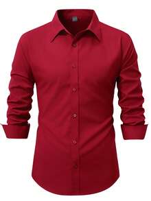 Manfinity Mode 男士紫红色长袖休闲商务衬衫 - 紅色 - 查看 3