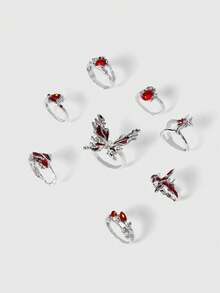ROMWE 8PCS Asymmetrical Red Crystal Glass Heart Aesthetic Rings For Women Y2K Gothic Animal Spider Ring Creative Grunge Jewelry Accessories Valentines,Mom,Mother,Mother's Day,Gift - 8-piece Ring Set - View 2