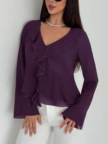 Aloruh 女士新款时尚通勤日常休闲波西米亚风荷叶边装饰深V领长袖修身衬衫 - 紫色 - 查看 7