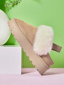 Mini mi #CozySteps 儿童米色绒面革皮草领口弹性后跟带套脚厚底木屐——温暖舒适的日常冒险之选 - 米色 - 查看 5