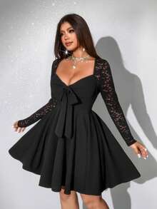 Viva Relle Große Größen Damen elegantes, sexy Spitzen-Patchwork Schnürdesign Langarmkleid, geeignet für den Herbst, elegante Kleider für Frauen, Valentinstag - Schwarz - Übersicht 3