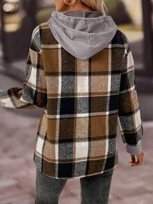 EMERY ROSE 女士休闲通勤学院风拼接格纹印花落肩宽松抽绳卫衣，秋季款 - 淺灰色 - 查看 2