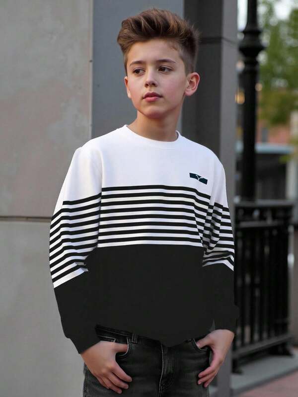 Tween Boy Casual Stylish Minimalist Striped Pattern Print Pullover Sweatshirt, Comfortable & Warm For Boys In Autumn/Winter Fall