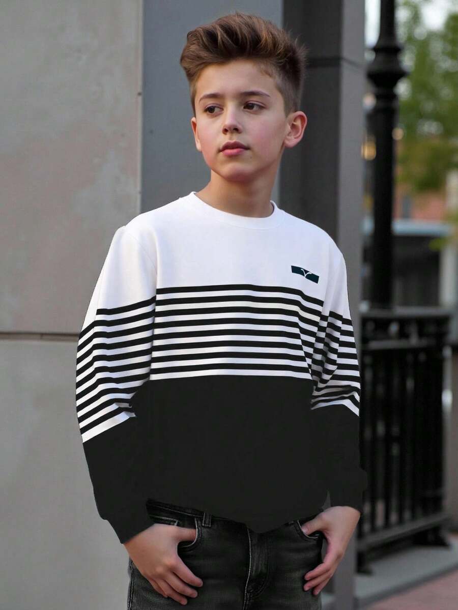 Explorewe Tween Boy Casual Stylish Minimalist Striped Pattern Print Pullover Sweatshirt, Comfortable & Warm For Boys In Autumn/Winter Fall - Multicolor - View 1