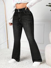 SHEIN PETITE CURVE 大码女式蓝色喇叭牛仔裤 - 黑色 - 查看 4