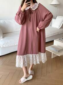 DAZY 甜美對比色蕾絲拼接彼得潘領女款睡袍，冬季 Moo Moo 睡裙睡衣 - 粉色 - 查看 1