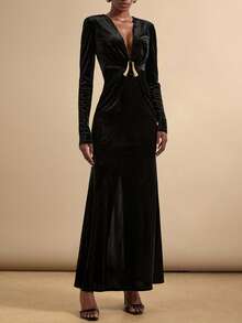 Vesra Deep V-Neck Straight Shoulder Long Sleeve Fishtail Dress, Luxurious High-End Evening Gown With Metal Buckle Decor For Women - Multicolor - View 4