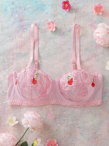 QuietHaus Cherry Embroidery Pink Women's Underwire Bra - Pink - View 3
