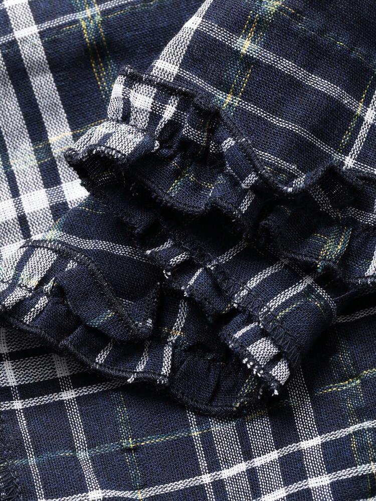 Plaid Ruched Design Frill Trim Loose Fit Women Casual Dress