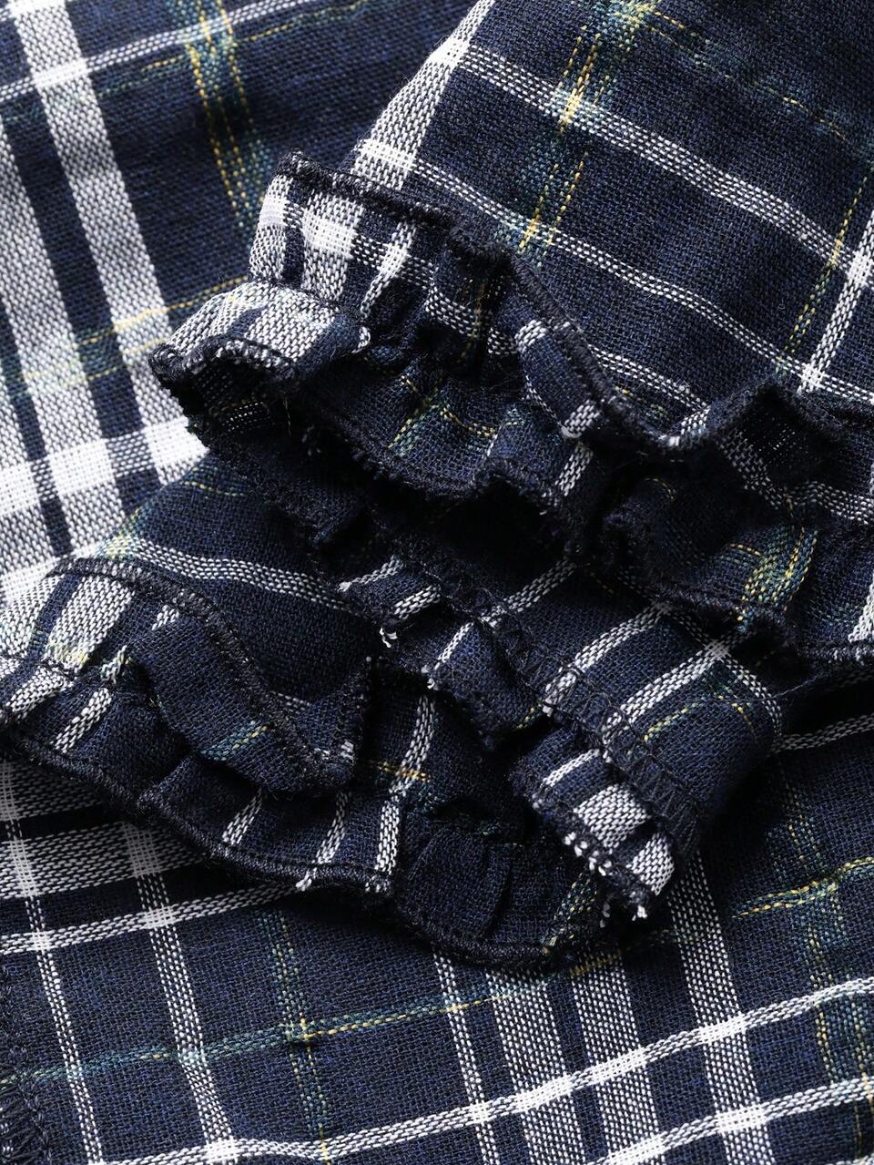 Plaid Ruched Design Frill Trim Loose Fit Women Casual Dress Pajamas