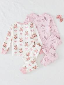THE HAPPY LOOK 4pcs Young Girl Cartoon Bear Pattern Knit Soft Crew Neck Long Sleeve Top And Elastic Waist Long Pants Snug Fit Pajama Set Toddler Sleepwear Girl Sleep Wear Matching Pajama Set Bows For Kids Kids Pj Sets - Multicolor - View 7