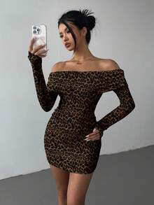 Aloruh 女士休闲优雅露肩修身露背长袖迷你连衣裙，性感豹纹印花 - 彩色 - 查看 3