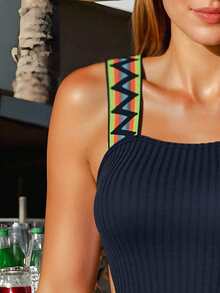 Swim Vcay Graphic Print Ribbed Cutout One-Piece Swimsuit - Black - View 6