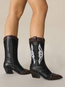 Styleloop Sexy Fashion Contrast Embroidered Pointed Toe Chunky Heel Western Style Side Zipper Over-The-Knee Boots For Women, Suitable For Christmas, Thanksgiving, Party, New Year - Multicolor - View 5