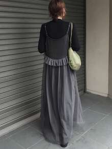 FRIFUL 女士无袖荷叶边网纱拼接休闲长裙 - 深灰色 - 查看 3