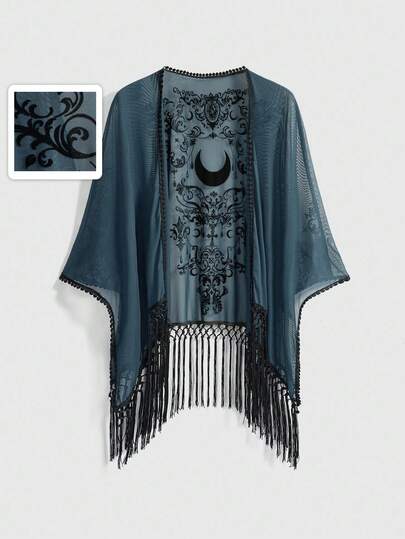 Goth Cardigan scialle da donna con frange asimmetriche, in tessuto floccato con motivo barocco vintage romantico a forma di luna e vite, stile bohémien, adatto per primavera/estate
