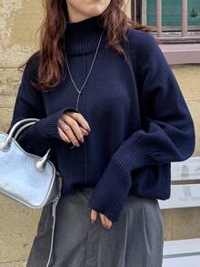 FRIFUL 女士纯色高领插肩袖灯笼袖时尚宽松针织套头毛衣 - 藏蓝色 - 查看 5
