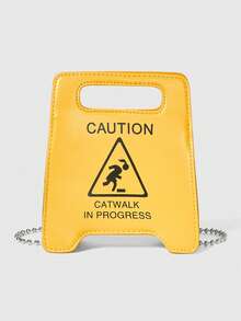 ROMWE Street Life New Cartoon Warning Sign Handbag, Chain Letter Bag, Cosmetic Bag, Accessory Bag, Fashion Casual Minimalist Street Shoulder Crossbody Bag, Fashionable Butter Yellow Bag For Women