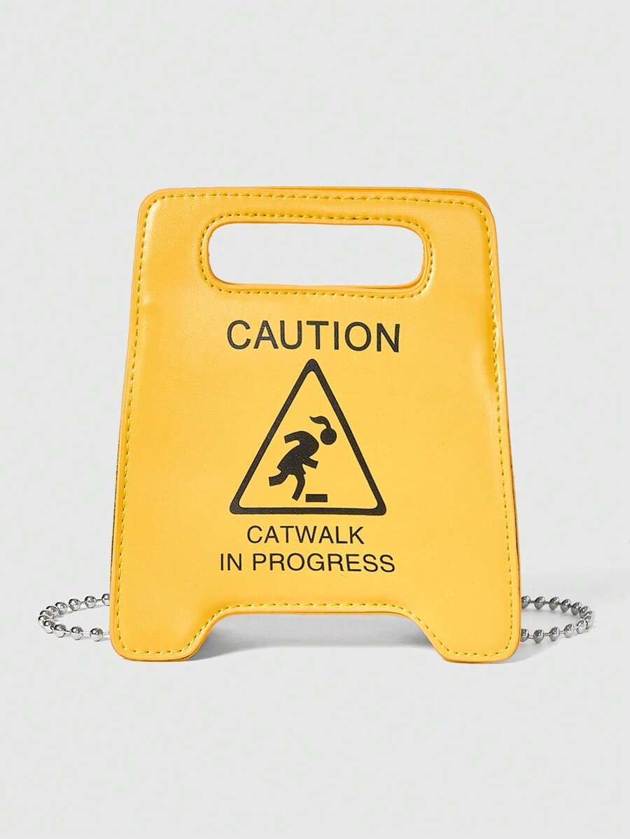 ROMWE Street Life New Cartoon Warning Sign Handbag, Chain Letter Bag, Cosmetic Bag, Accessory Bag, Fashion Casual Minimalist Street Shoulder Crossbody Bag, Fashionable Butter Yellow Bag For Women
