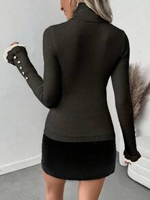 SHEIN LUNE Sweater Rajut Lengan Panjang Wanita Model Turtleneck dengan Kancing dan Rumbai, Dilengkapi Pita dan Lapisan Termal yang Pas di Badan - Dark Grey - View 2