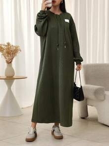 Modelyn Casual Drawstring Decor Loose Fit Round Neck Long Sweatshirt For Women, Green, Textured Fabric, Autumn/Winter - Green - View 4