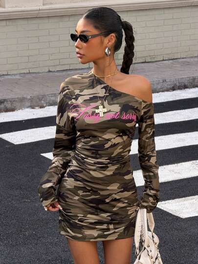 Muchica Women's Camouflage Pattern Asymmetrical Shoulder Mini Bodycon Dress For Going Out Outfits, Streetwear, Y2K Clothes