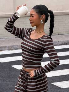 Muchica 棕色条纹针织女式休闲套装 - 彩色 - 查看 5