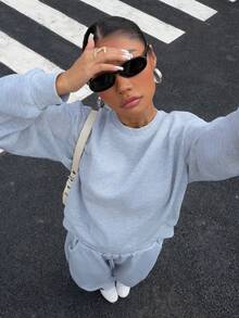 SHEIN EZwear 2件套女士休闲宽松灰色圆领长袖上衣和裤子运动套装 - 灰色 - 查看 3