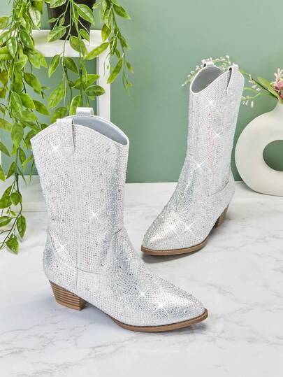 Mini mi Kids' Block Heel Snip Toe Rhinestone Sliver Cowgirl Boots– Allover Sparkle For Stage & Party Looks