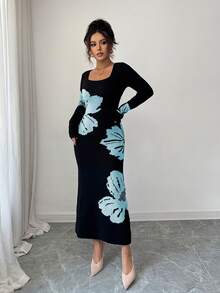 Elenzga Square Neck Jacquard Knit Bodycon Waist Sweater Dress - Baby Blue - View 5