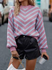 SHEIN LUNE Sweater Rajut Bergaris Lengan Lentera Kasual Wanita - Berwarna merah muda - View 5