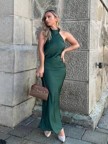 Jeta Ari Women's Elegant Backless Dress With Tie Neck, Modern Urban Design, Olive Green,Autumn Outfits For Women, Christmas Women's Clothing Party Dress - Dark Green - View 6