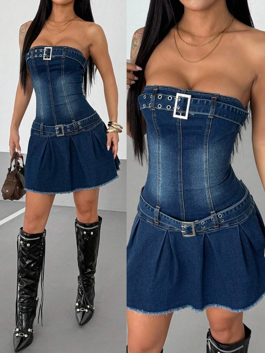 SHEIN Unity Women's Denim Dress With Waist Belt And Bandeau Top - Medium Wash - View 1