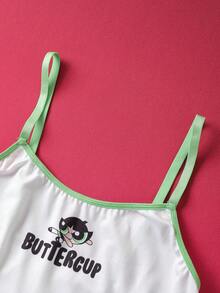 THE POWERPUFF GIRLS X SHEIN 女士可爱卡通字母印花撞色包边吊带背心和内裤套装 - 白色 - 查看 3