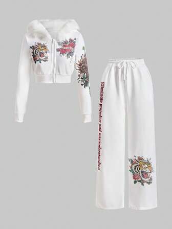 Grunge Punk 2 Stücke Y2K Retro Sexy tief drapierter Ausschnitt Blumen- & Tigerkopf Strass Muster Set für Frauen