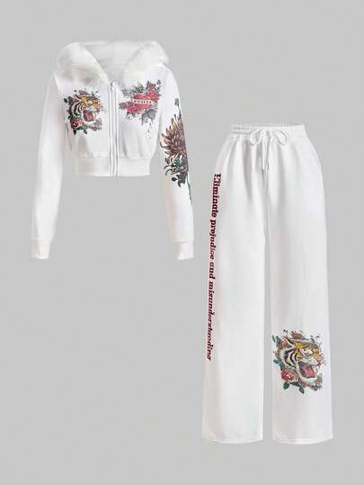 Grunge Punk 2 pièces Ensemble rétro Y2K sexy avec décolleté profond drapé, imprimé floral et tête de tigre avec strass pour femmes