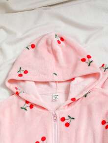 女童舒适休闲柔软双面法兰绒樱桃印花长袖长裤睡衣 - 粉色 - 查看 4