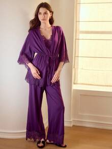 MOTF PREMIUM ELEGANT COMFORTABLE CONTRAST LACE ROBE - Purple - View 3