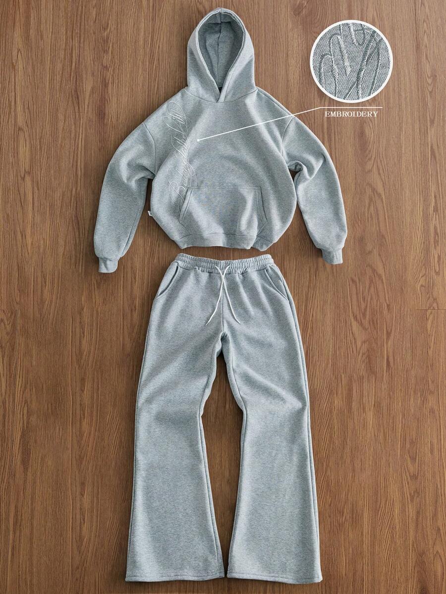 TOKVUE Men's Winter Elastic Solid Color Street Style Gray Sports Suit, Embroidered Details, Men's Sportswear, Men's 2 Pieces Sportswear Set - Light Grey - View 1