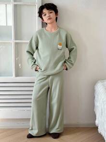 DAZY Kids Fall Clothes Boys Cute Embroidered Fleece Crew Neck Long Sleeve Top And Pants Pajama Set - Green - View 4