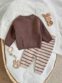 Loomiva Newborn Baby Boy/Girl Brown Cute Cartoon Letter Pattern Round Neck Shoulder Sweater & Striped Winter Pants Set,Autumn Casual Versatile Infant Outfit - Multicolor - View 5