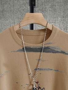 Manfinity Homme 男士休闲日常通勤及度假宽松植物图案毛衣，秋冬季棕褐色图案衬衫圆领毛衣，长袖上衣 - 駝色 - 查看 3