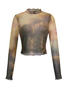 Y2Kool Maria Clara Maia 女士棕色艺术少女城堡花园派对印花高领荷叶边网纱上衣做旧上衣演唱会上衣女士长袖露脐辣妹图案上衣春季服装女士Y2K狂欢节服装 - 彩色 - 查看 4