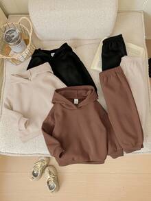 SHEIN 6件套女婴可爱纯色爱心图案连帽卫衣和松紧腰裤，秋冬季 - 彩色 - 查看 6