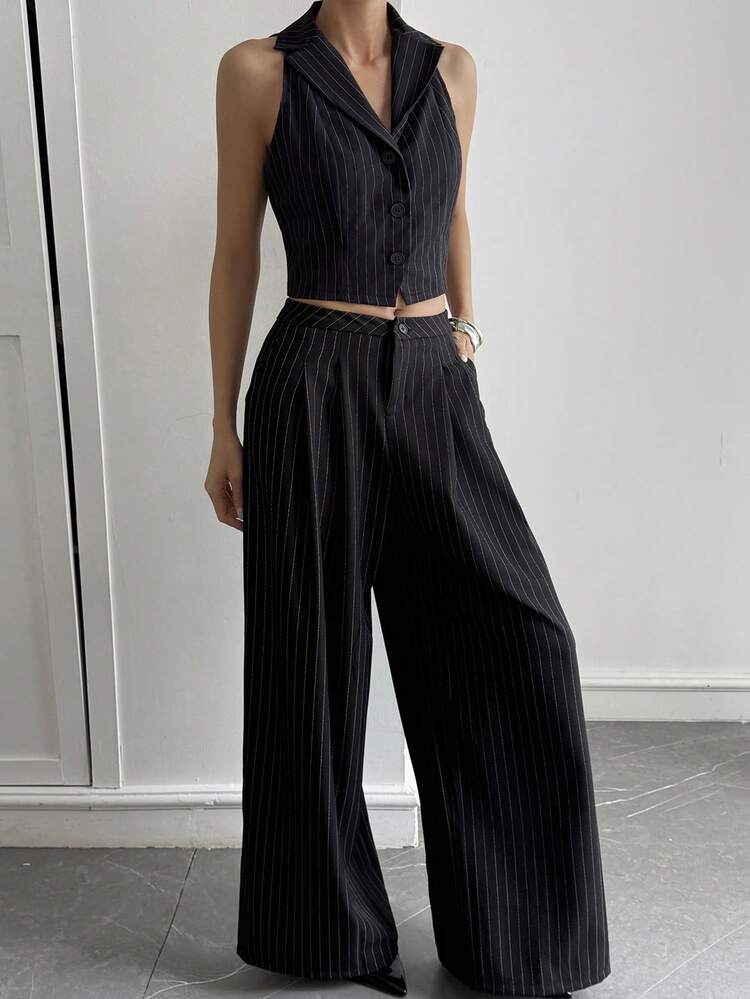 Women's Striped Open Front Casual City Sleeveless Blazer, Summer Business Attire