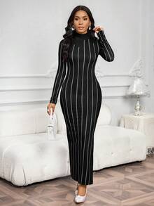 SHEIN Lady 女士时尚通勤条纹印花侧开衩修身长裙 - 黑色 - 查看 7