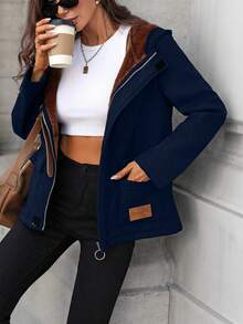 SHEIN LUNE 女士纯色保暖连帽衫，带口袋，常规版型，休闲日常外套，秋冬款 - 藏蓝色 - 查看 5