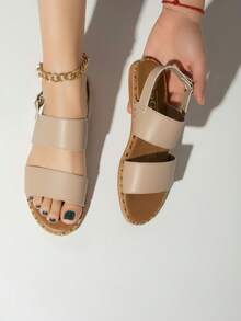 Sandalias planas casuales de mujer con tiras anchas, punta abierta, estilo minimalista para playa y uso diario - Caqui - Ver 1